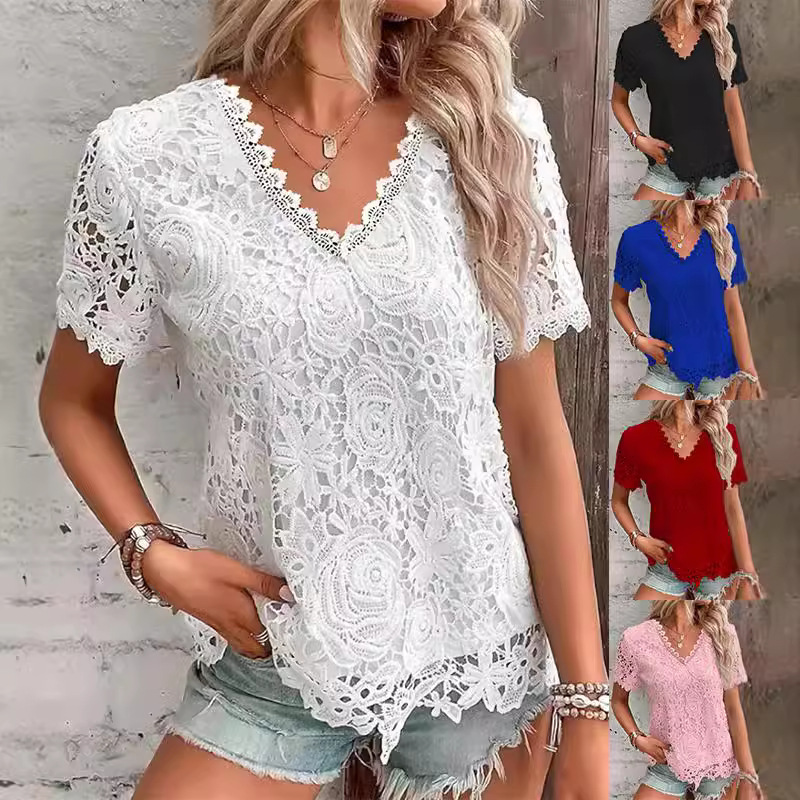 Layered Necklace Set - Chemise d'été blanche à manches courtes