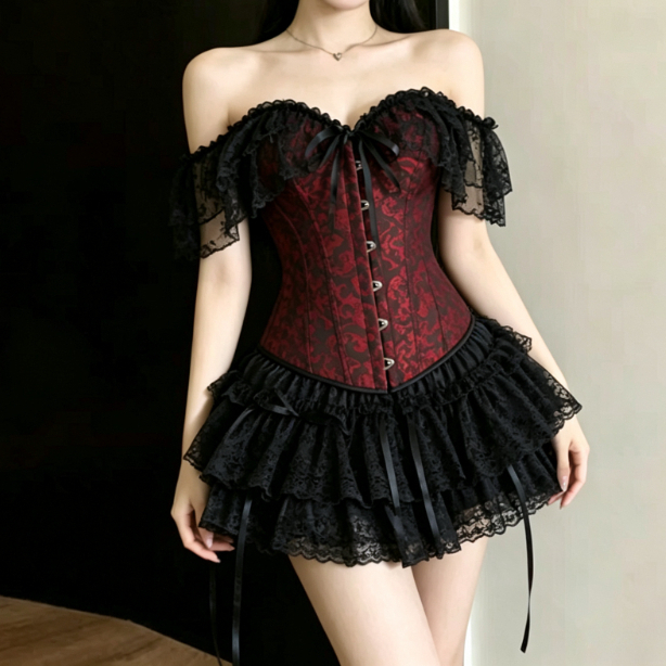 Layered Necklace Set - Ensemble corset gothique sombre Y2K pour